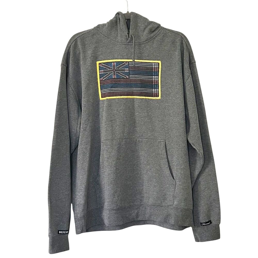 Defend Hawaii Hoodie Men’s Large Gray Hawaiian Flag Graphic Pullover Sweatshirt